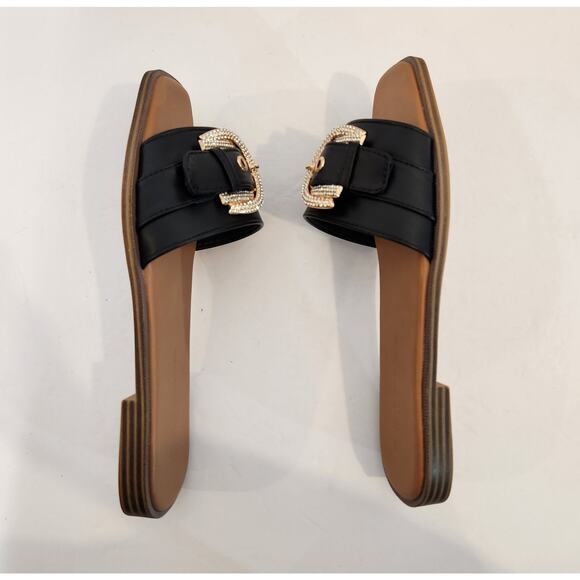 WILD DIVA LOUNGE Black Gold Faux Leather Crystal Embelished Buckle Womens 8.5 - Picture 10 of 12